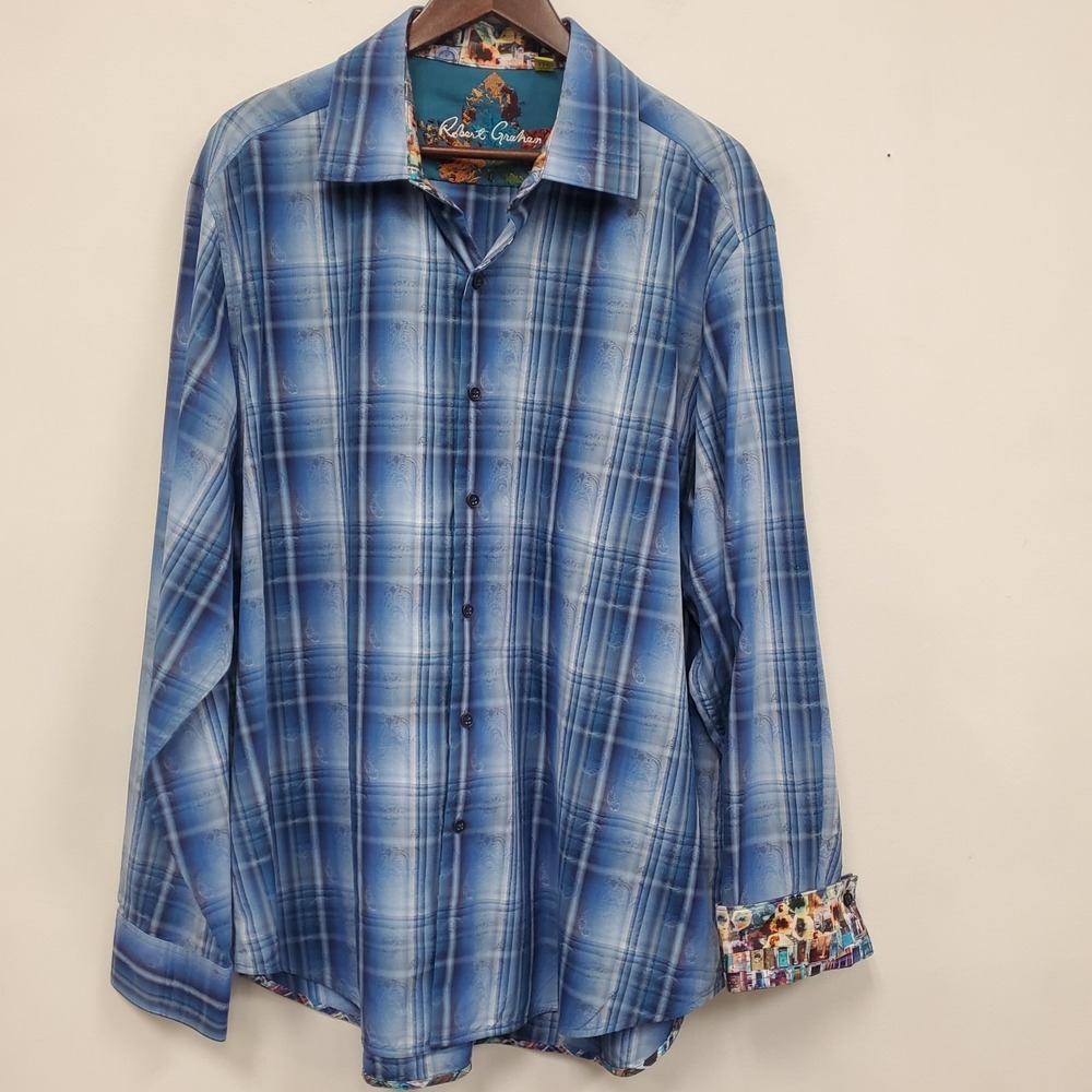 Robert Graham Mens Long Sleeve Flip Cuff Button Up Shirt Size 3XL Blue Plaid